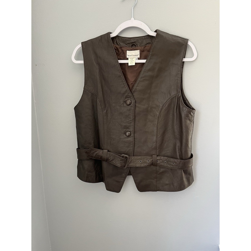 SARAH CHAPMAN, Women's Leather Vest Size M Brown Belted Western‎ Gipsy 2 Button